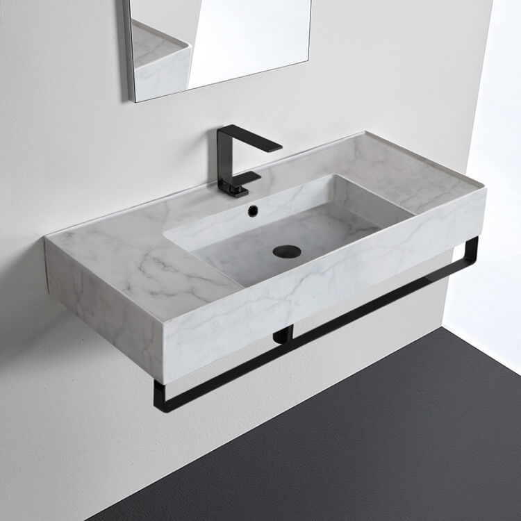 Scarabeo 5124-F-TB-BLK-One Hole Marble Design Ceramic Wall Mounted Sink With Matte Black Towel Bar